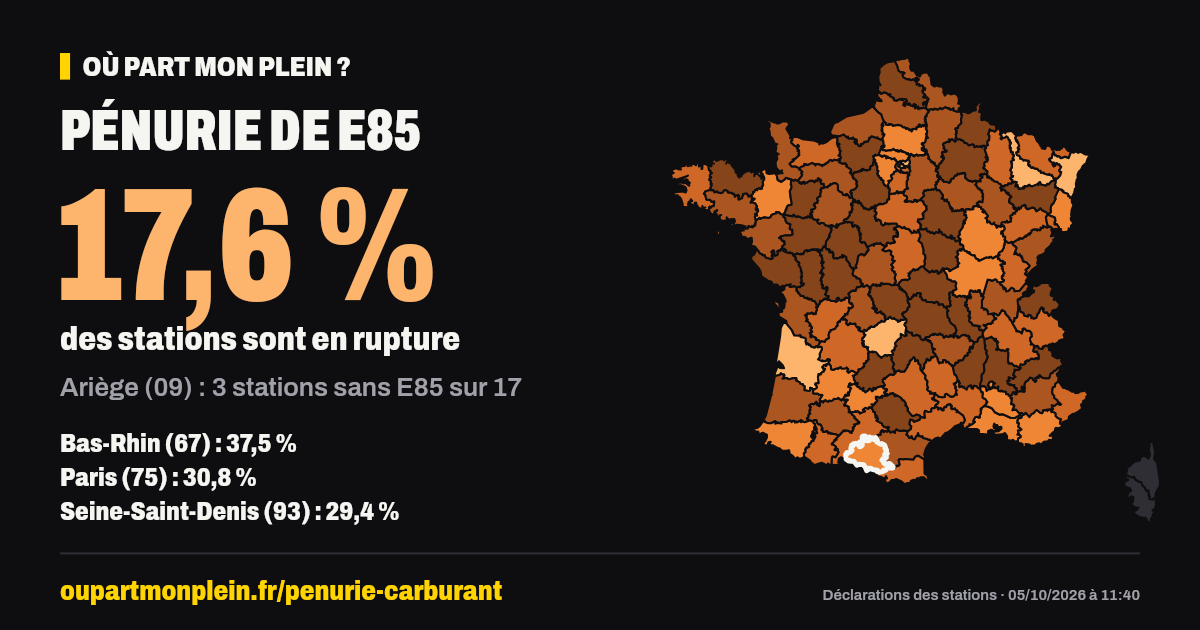 Carte de France des ruptures de E85, Ariège (09) mis en évidence