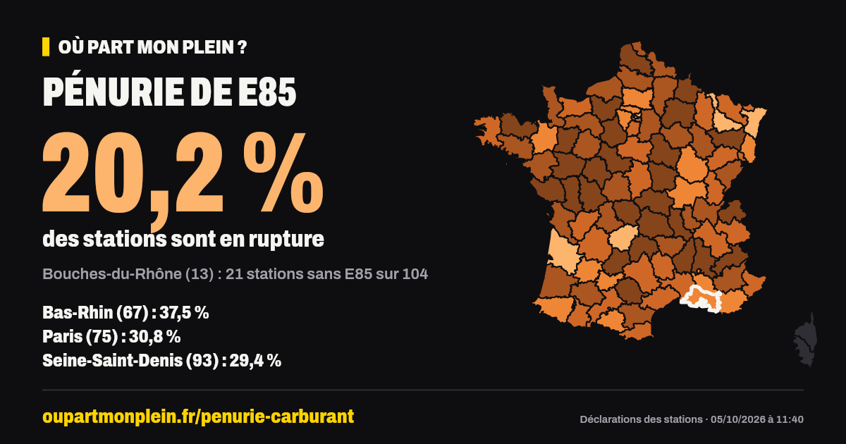 Carte de France des ruptures de E85, Bouches-du-Rhône (13) mis en évidence