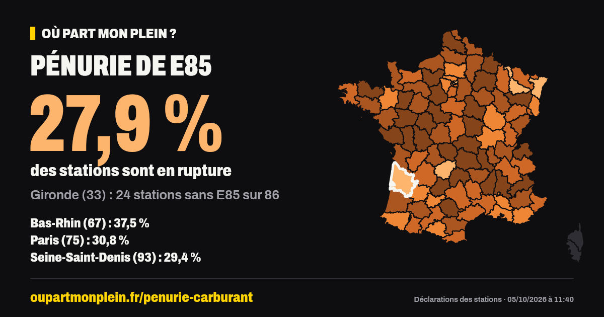 Carte de France des ruptures de E85, Gironde (33) mis en évidence