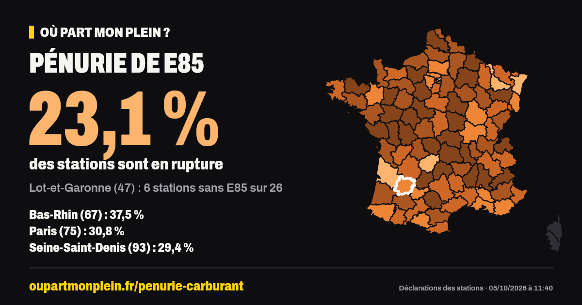 Carte de France des ruptures de E85, Lot-et-Garonne (47) mis en évidence