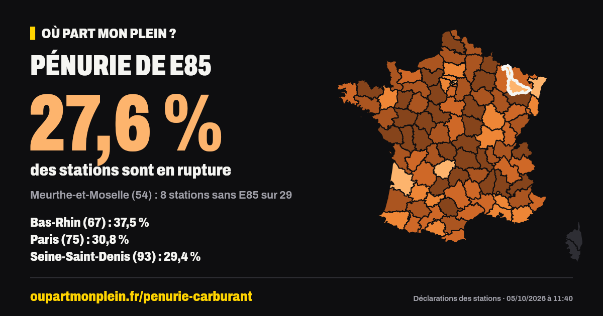 Carte de France des ruptures de E85, Meurthe-et-Moselle (54) mis en évidence