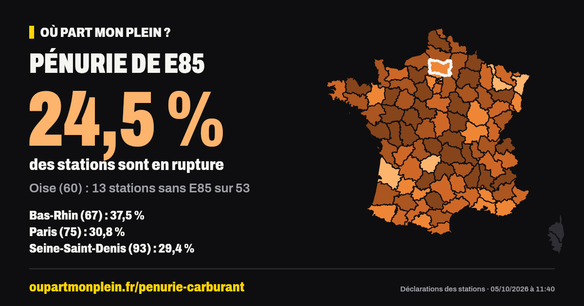 Carte de France des ruptures de E85, Oise (60) mis en évidence