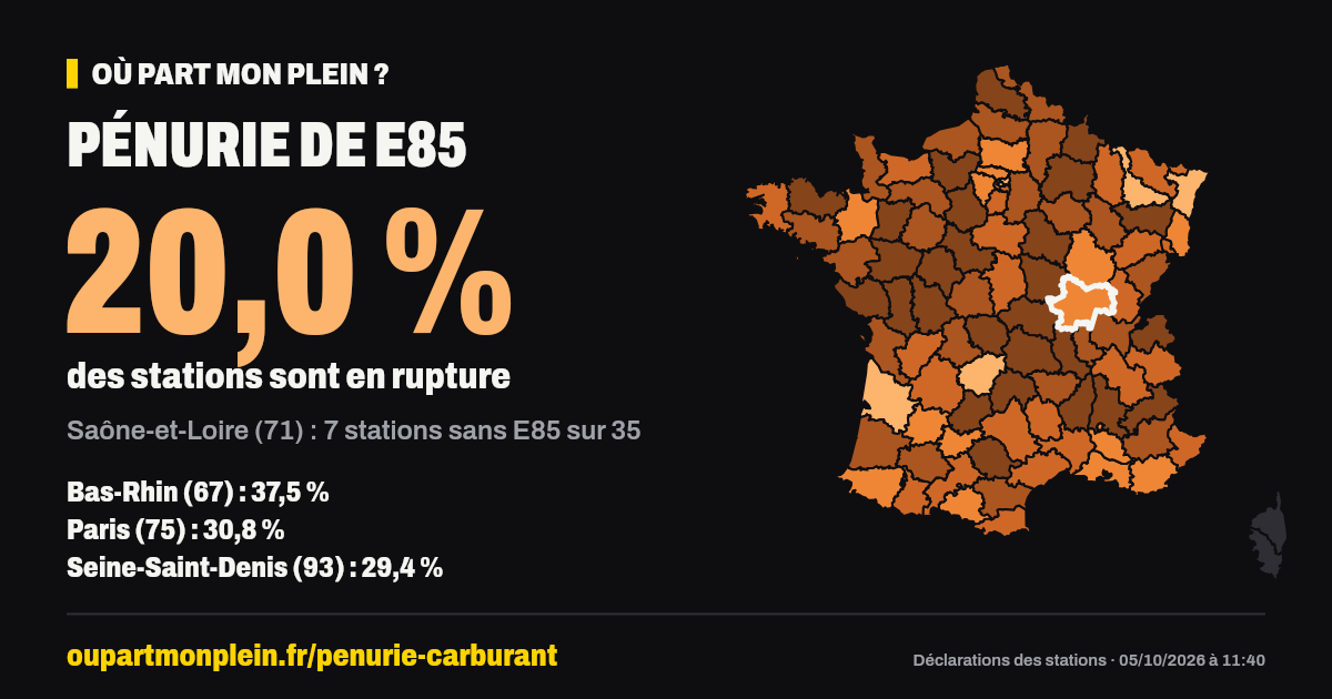 Carte de France des ruptures de E85, Saône-et-Loire (71) mis en évidence