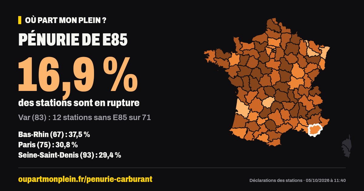Carte de France des ruptures de E85, Var (83) mis en évidence