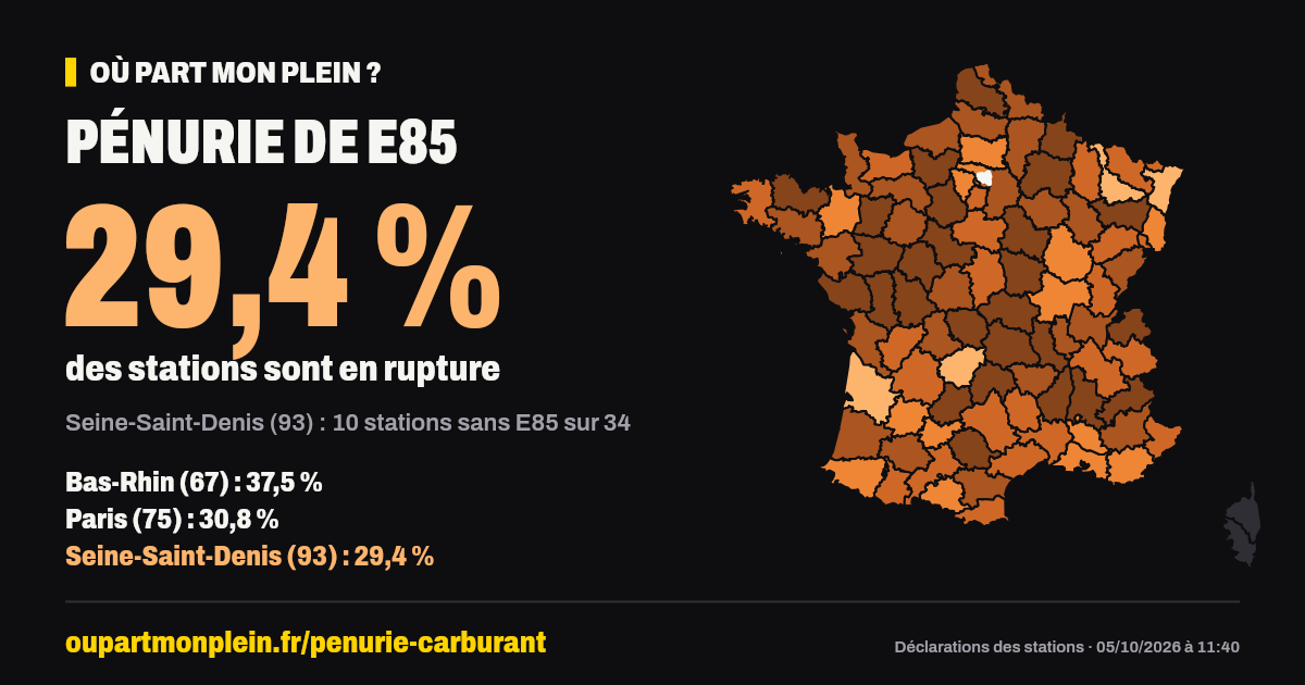 Carte de France des ruptures de E85, Seine-Saint-Denis (93) mis en évidence