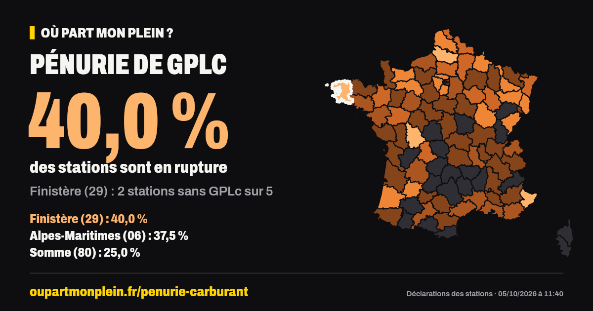 Carte de France des ruptures de GPLc, Finistère (29) mis en évidence