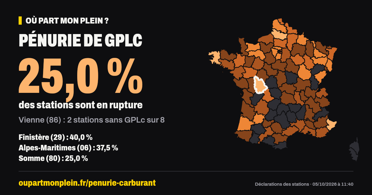 Carte de France des ruptures de GPLc, Vienne (86) mis en évidence