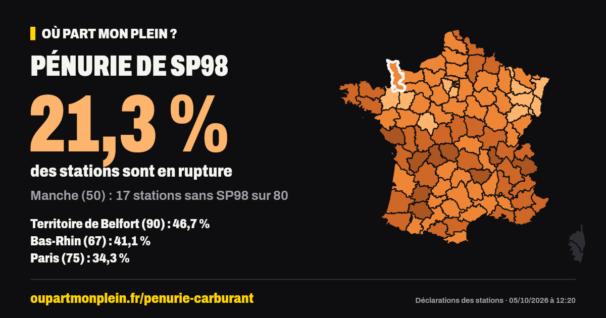 Carte de France des ruptures de SP98, Manche (50) mis en évidence
